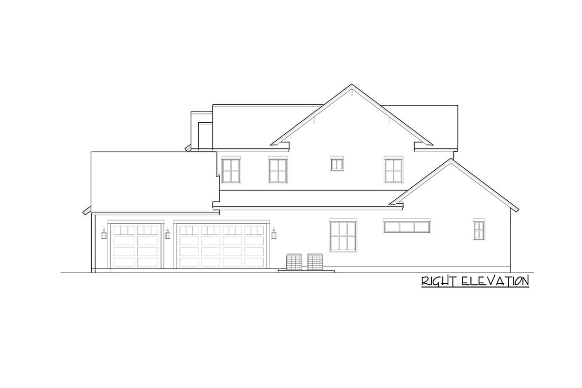 Right elevation drawing of a house plan showing a three-car garage, multiple gables, and varied window styles.