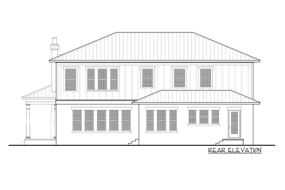 Rear elevation house plan showing a two-story structure with a metal roof, multiple windows, a chimney, and a covered porch.