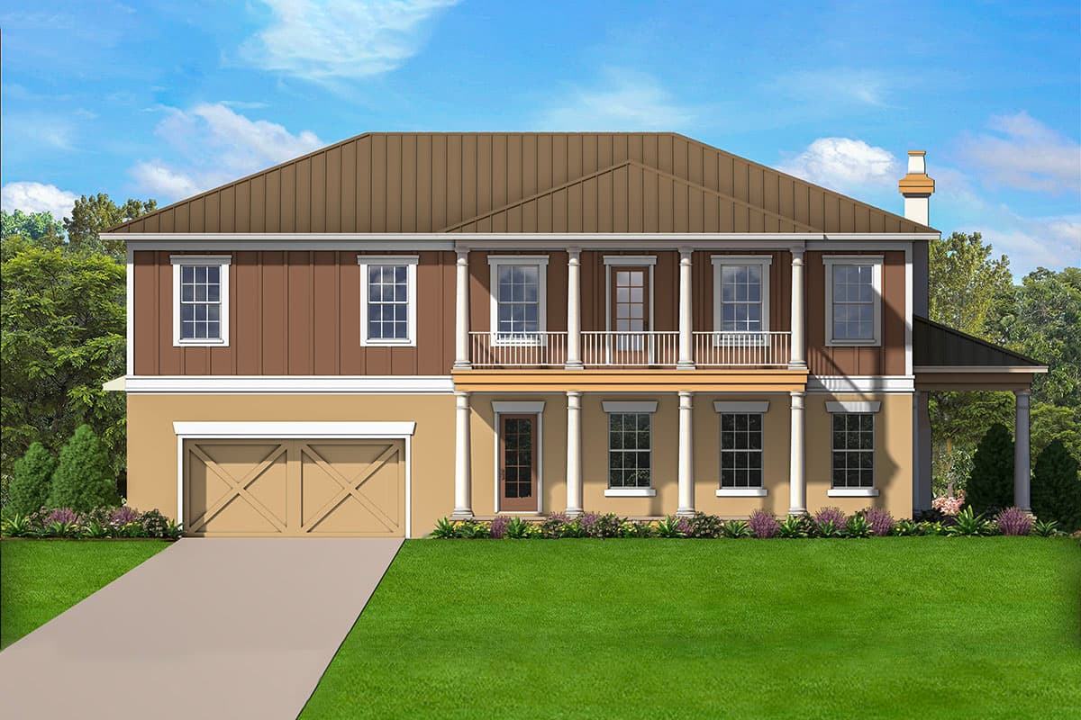 House plan exterior. Two-story Colonial with a front porch supported by columns. Features include a hipped roof and a detached garage.