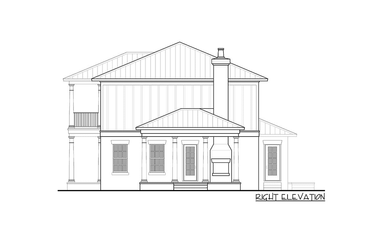 Right elevation house plan with porch, chimney, multiple gables, and metal rooflines.