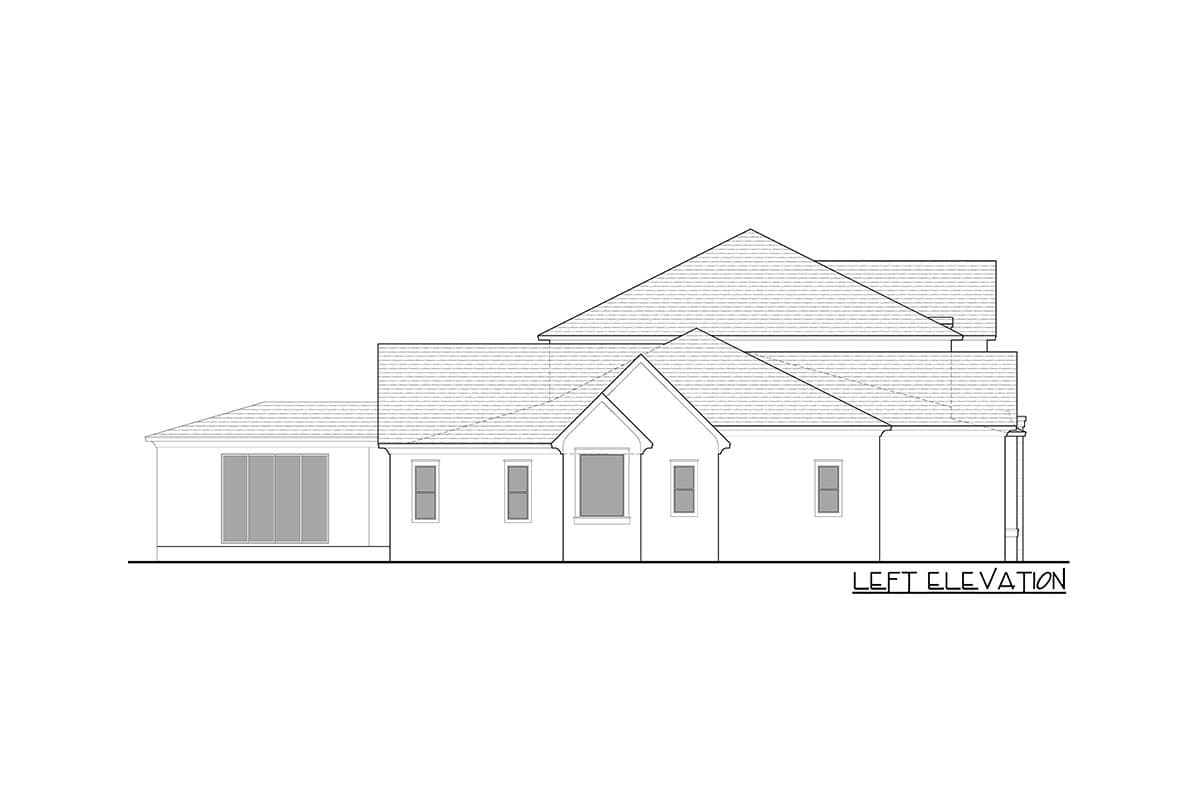 Left elevation drawing of a one-story house plan with multiple rooflines and a bay window.