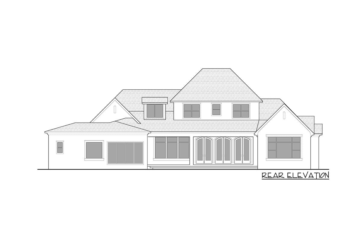 Rear elevation drawing of a house plan with multiple gables, a prominent central hipped roof, and numerous windows.