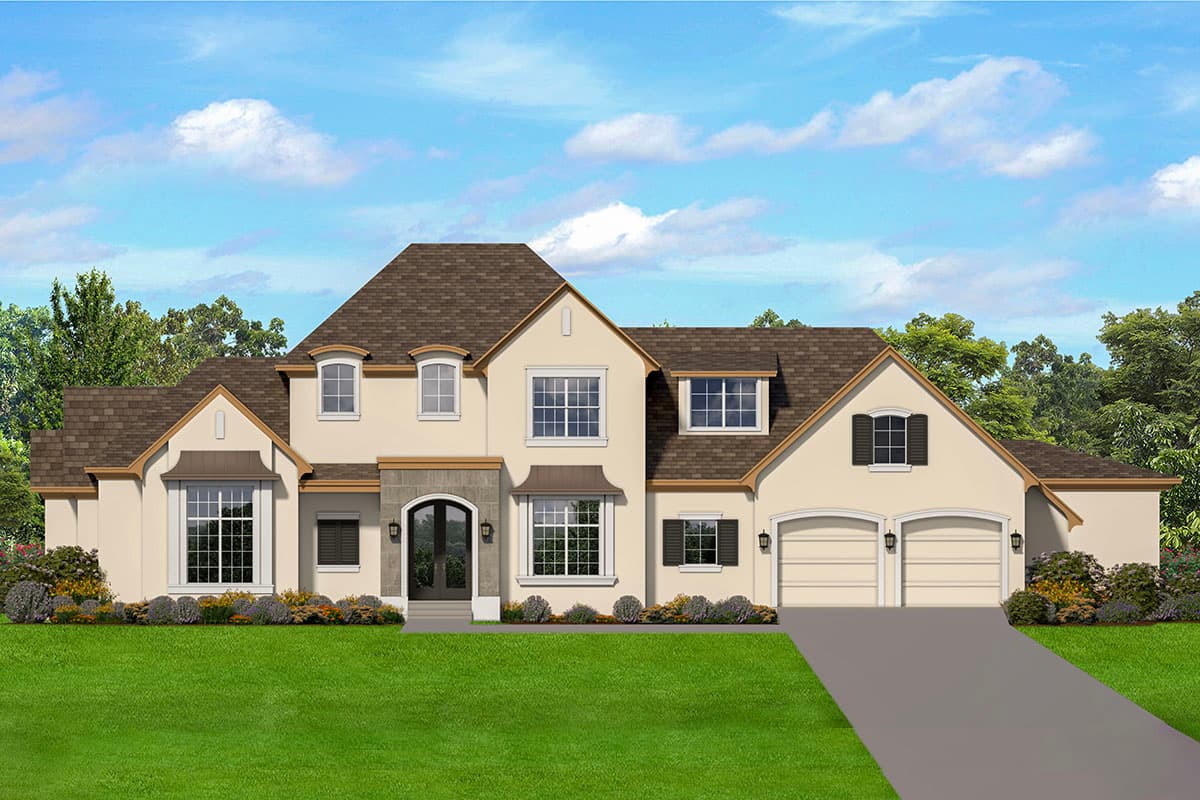 House plan exterior with stucco siding, two stories, gable roof, dormers, and a two-car garage.