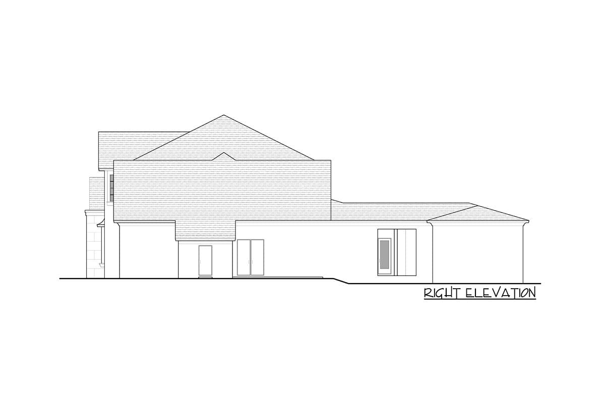House plan right elevation drawing showing multiple rooflines, gables, and varied window placements.