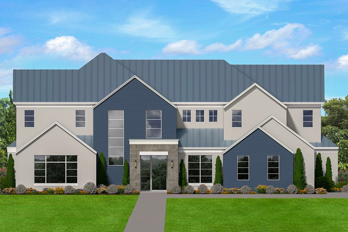 House plan exterior with two stories, gabled rooflines, and a covered entry. Features large windows and a combination of siding styles.