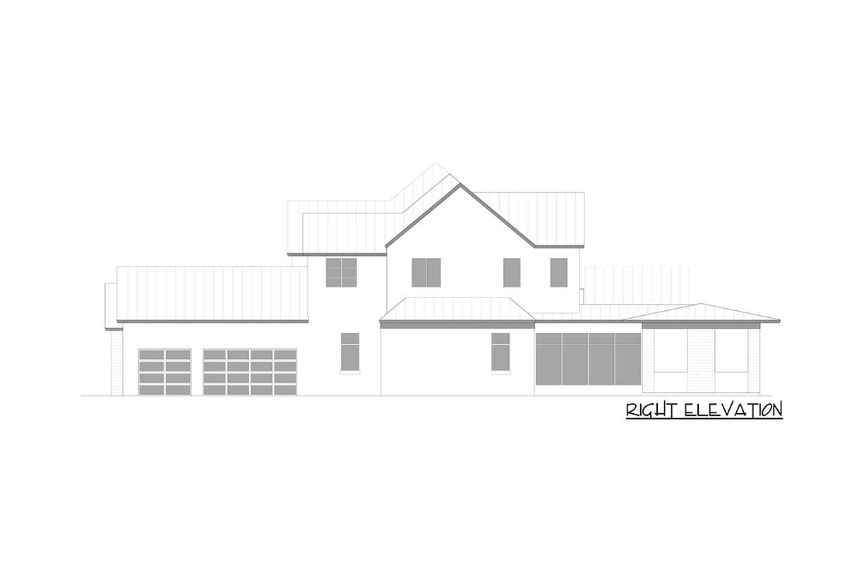 House plan right elevation showing a two-story home with a three-car garage, gables, and a sunroom.
