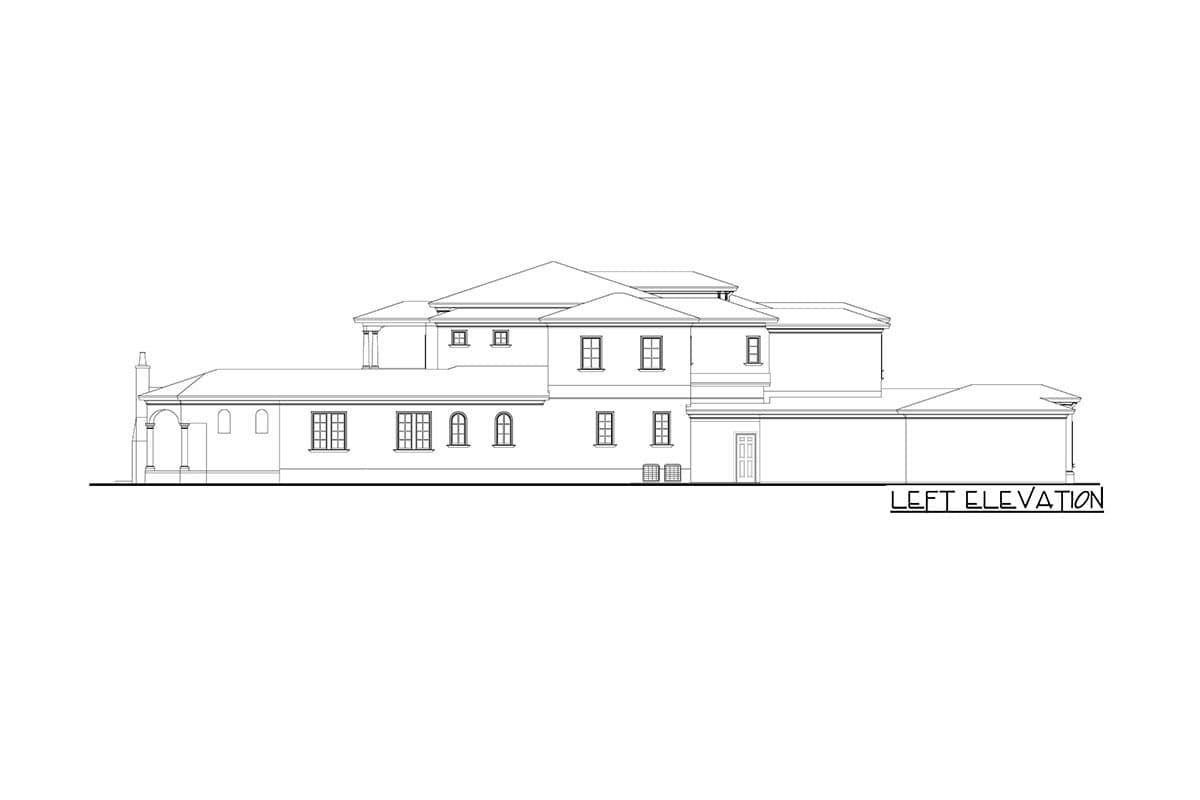 Left elevation drawing of a multi-story house plan with a hip roof, arched windows, and a portico.