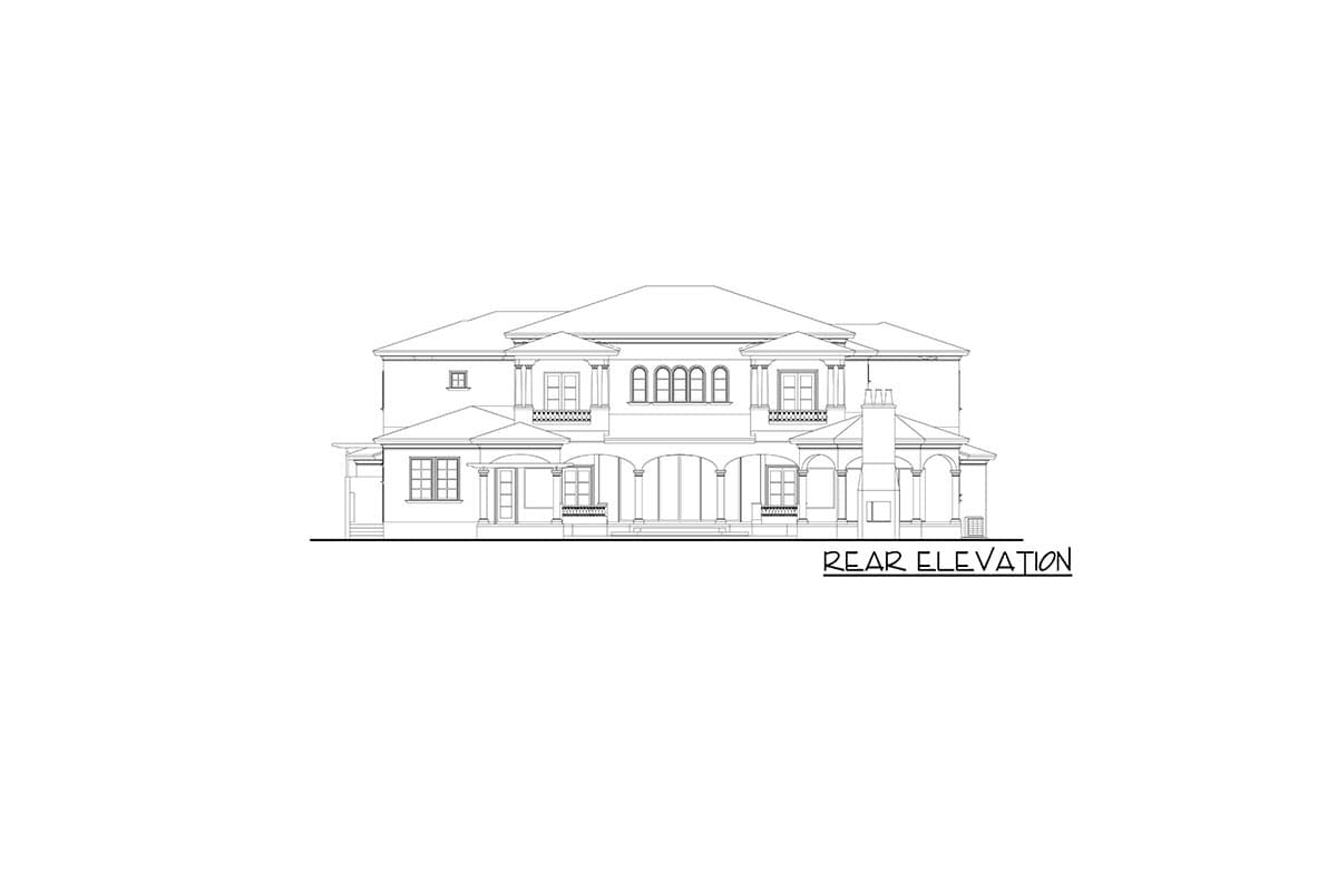 Rear elevation drawing of a two-story house with arched openings, multiple gables, and a chimney.