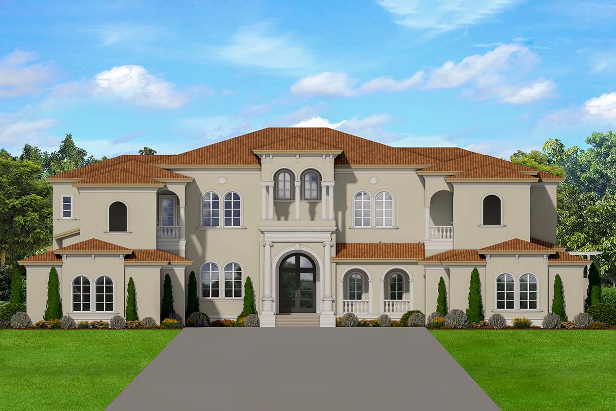 House plan exterior. Two-story Mediterranean style with arched windows, tile roof, and balcony. Features entry portico and symmetrical facade.