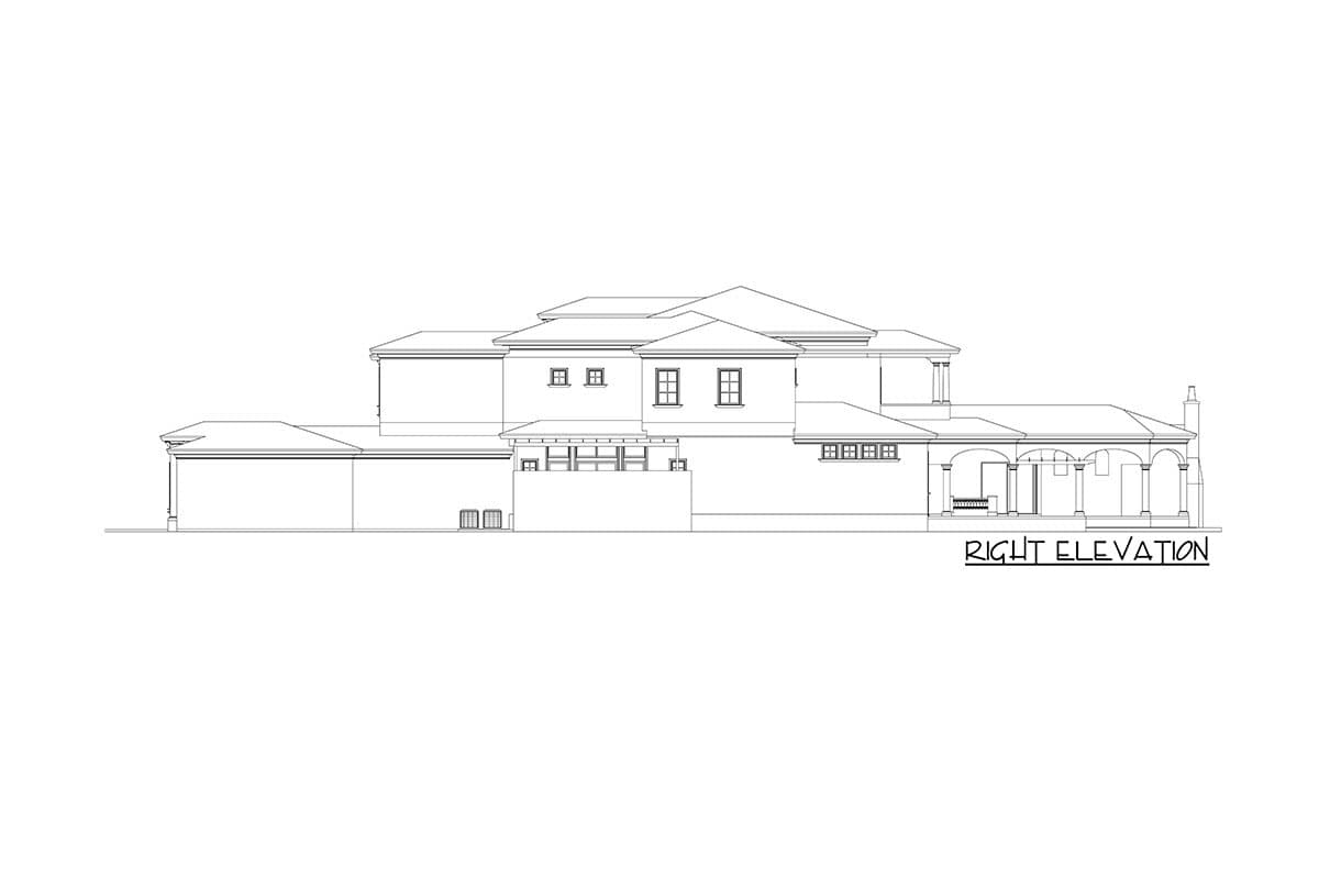 Right elevation drawing of a multi-story house with varied rooflines, a covered porch with columns, and multiple window arrangements.