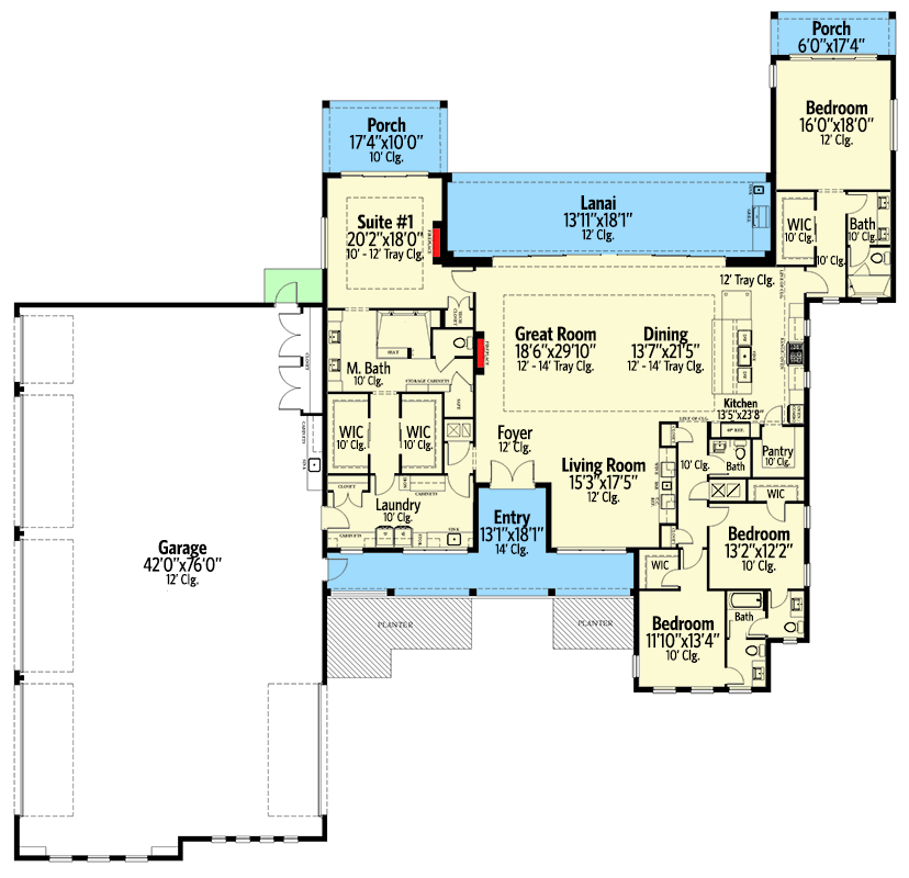 Plan 82297KA: Coastal Modern Home Plan for Car Enthusiast - Floor Plan - Main Level - Coastal, Contemporary, Florida-Style, New American, Ranch, Transitional