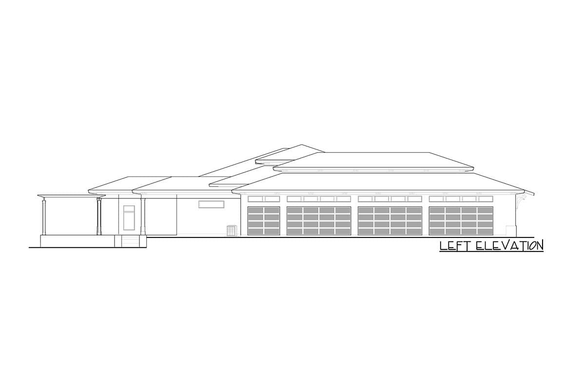 Left elevation drawing of a single-story house plan with a porch and a five-car garage.