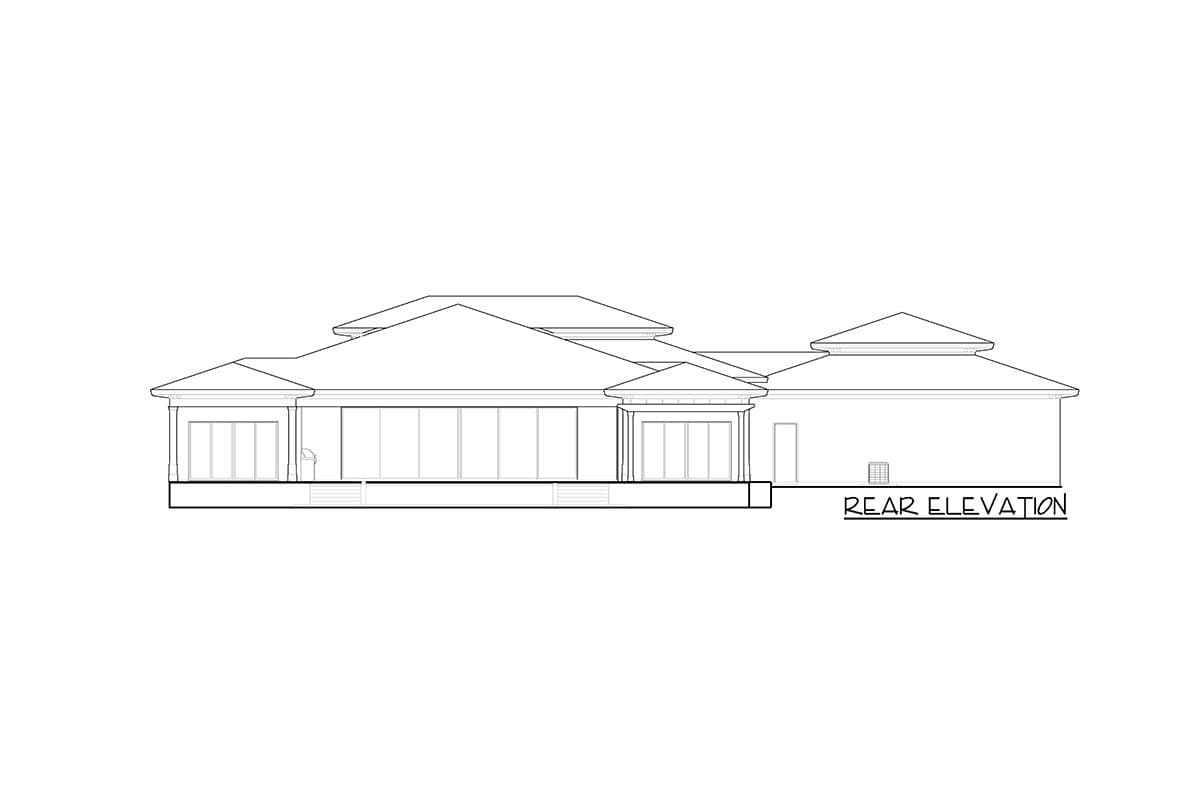 Rear elevation drawing of a single-story house with multiple rooflines, large windows, and a covered porch.