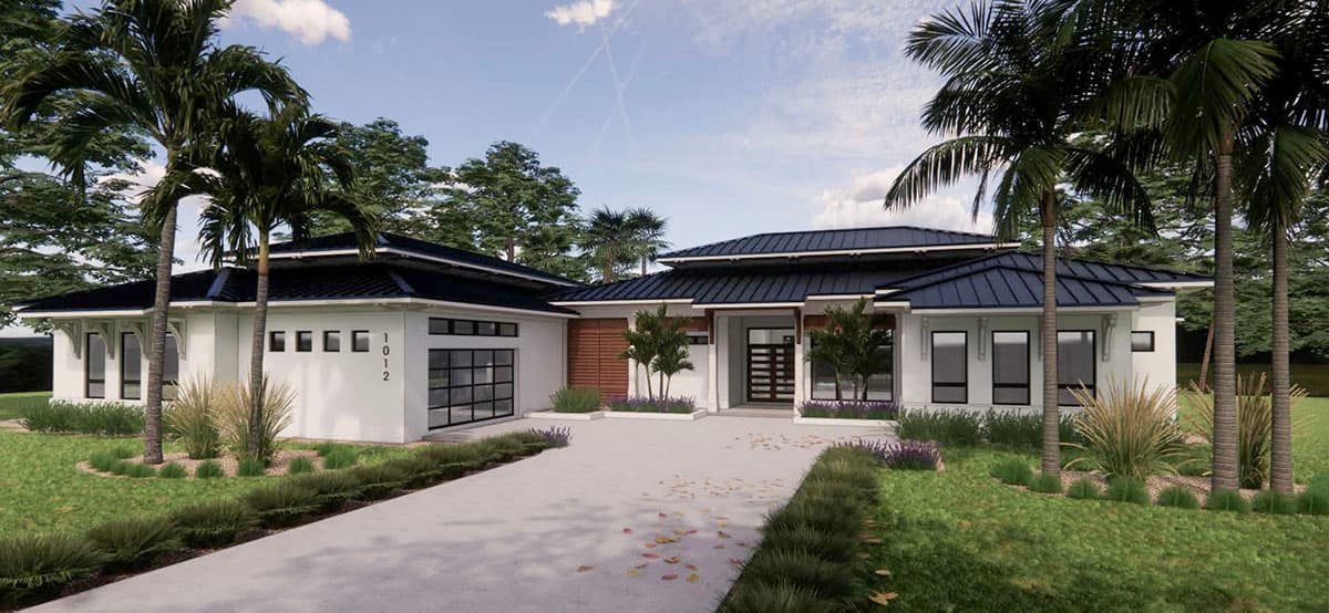 House plan exterior. Modern, one-story home with a flat roof, dark metal roof accents, and a glass-paneled garage door.