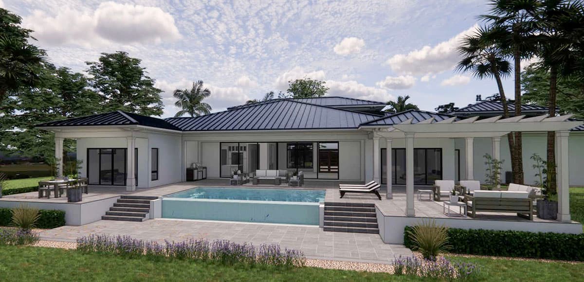 House plan exterior: Modern single-story residence with metal roof, expansive patio, and inground pool.