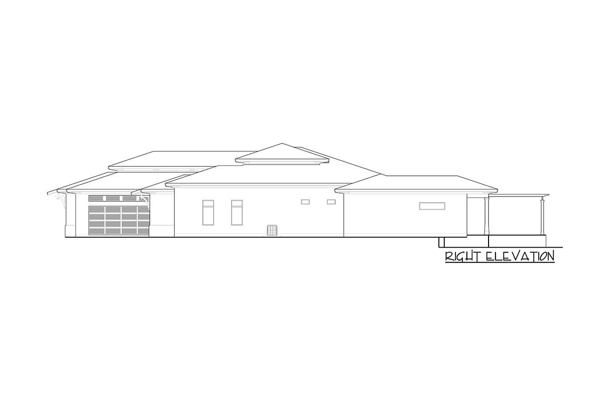 Right elevation house plan showing a single-story home with a modern roofline, garage, and covered porch.