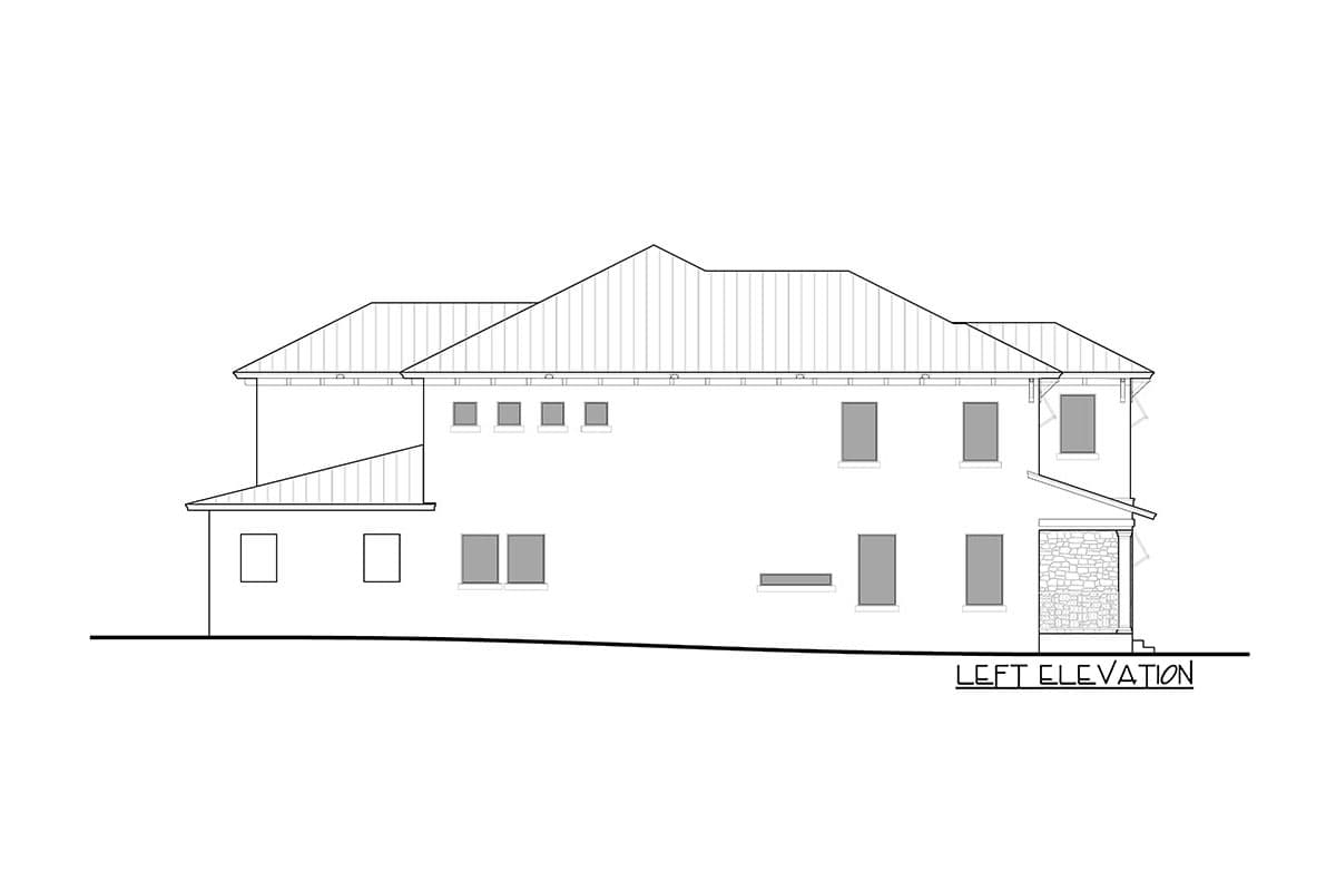 Left elevation of a two-story house plan featuring a metal roof, multiple gables, and a stone-accented entrance.