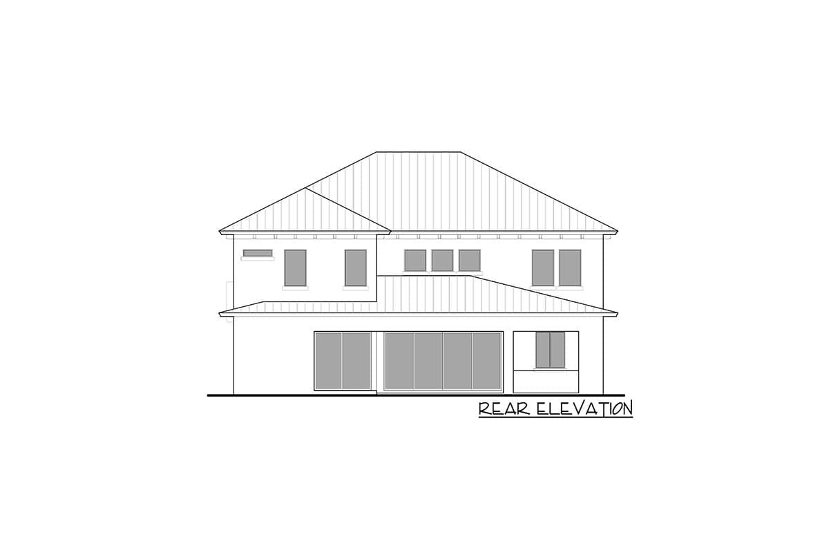 Rear elevation of a two-story house plan with a metal roof, multiple windows, and a large sliding glass door system.