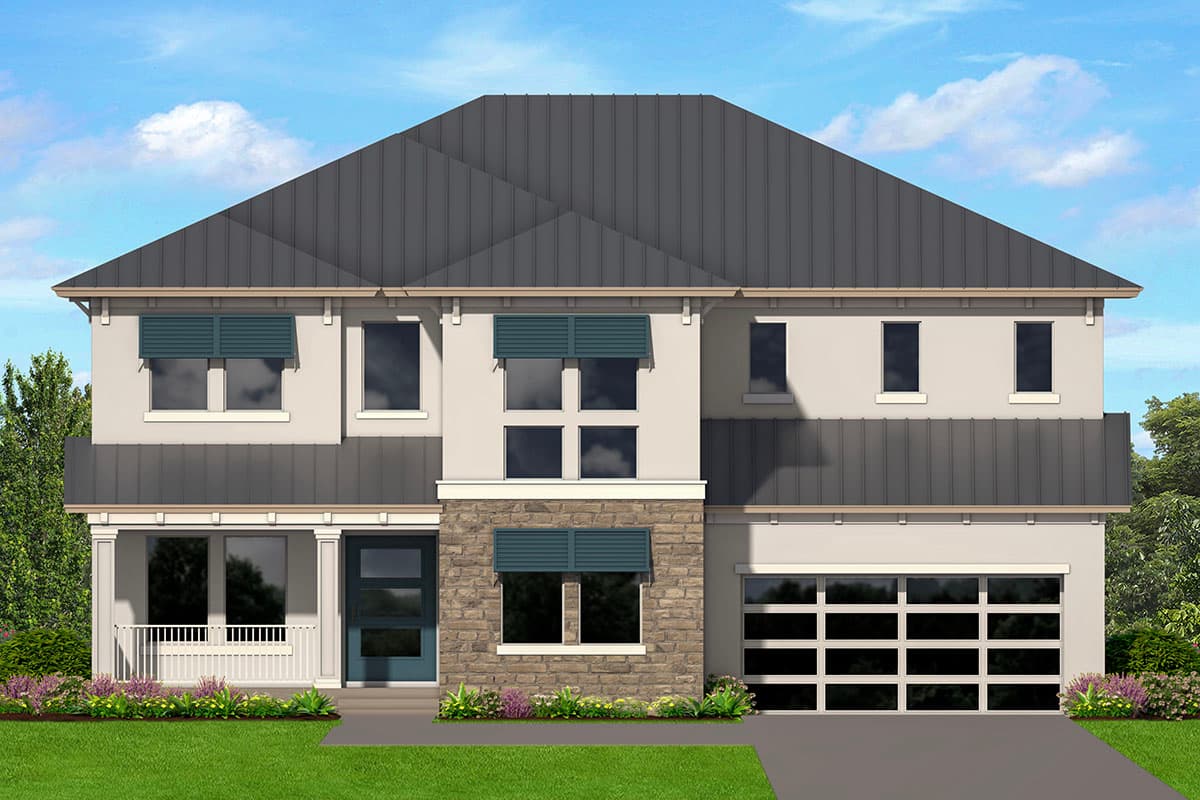 House plan exterior. Two-story modern house with a metal roof, stone facade, and porch with columns. Garage on the right.