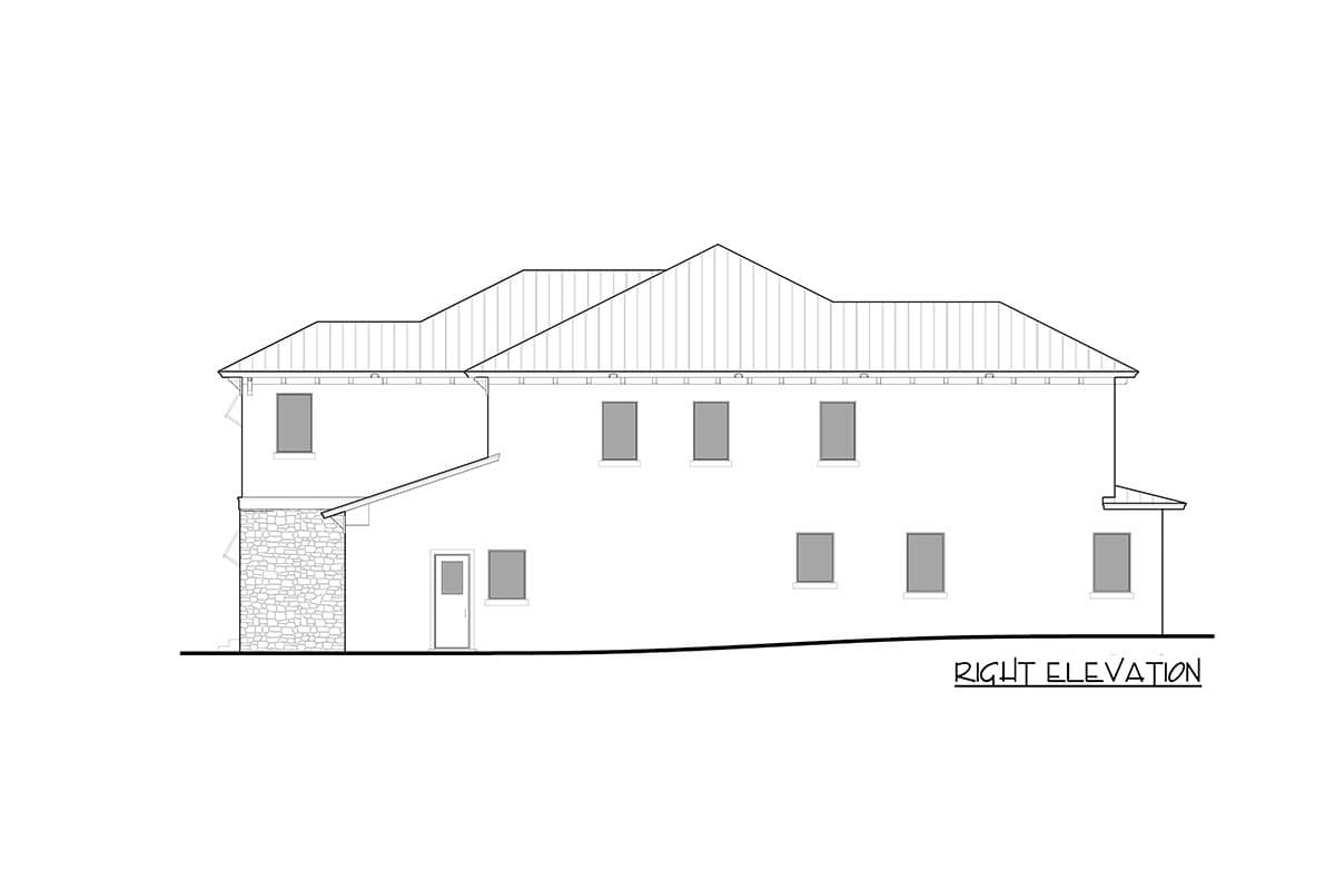 Right elevation house plan with stone accents, multiple gables, and numerous windows.