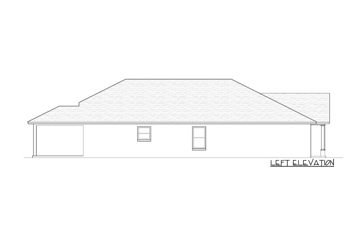 Left elevation drawing of a single-story house plan with a sloped roof, attached garage, and two windows.