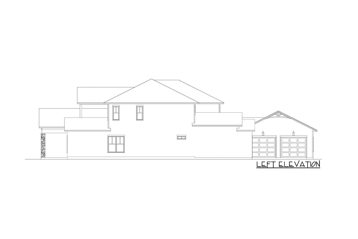 Left elevation house plan showing a two-story main structure with two garage doors and a prominent gable roof over the garage.
