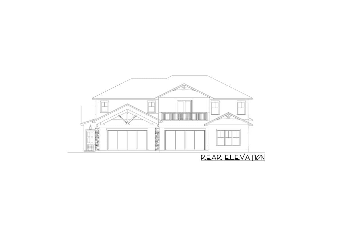 Rear elevation drawing of a two-story house plan with a gabled entrance, double garage, and balcony.