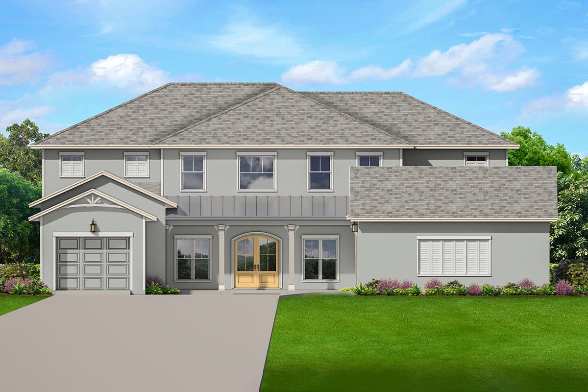 House plan exterior. Two-story with gabled roof, covered porch with columns, and attached garage. Includes double front door and multiple windows.