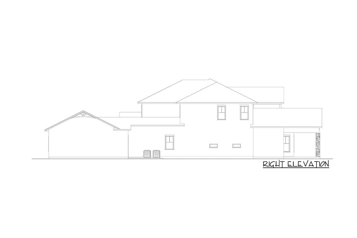 Right elevation house plan showing a two-story main section, a lower section with a gabled roof, and attached covered area.