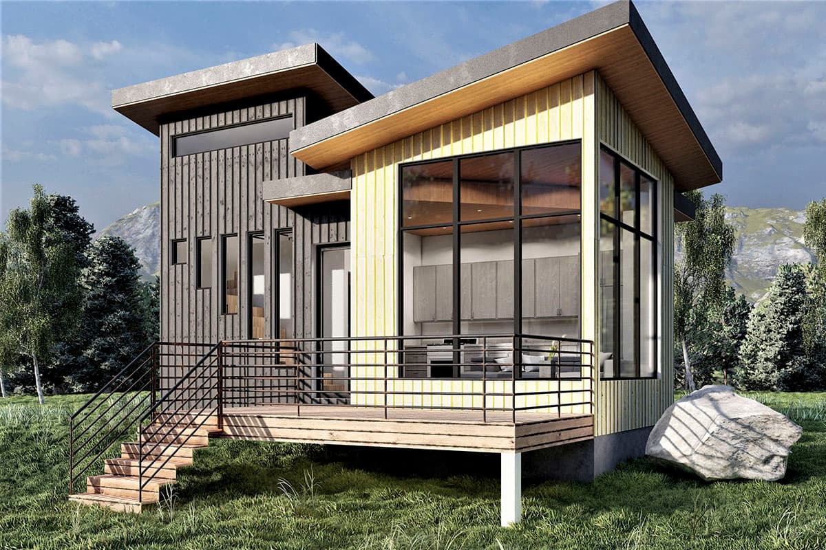 House plan exterior. Modern, one-story design with flat roof, vertical siding, and a deck with metal railing. Large windows provide natural light.