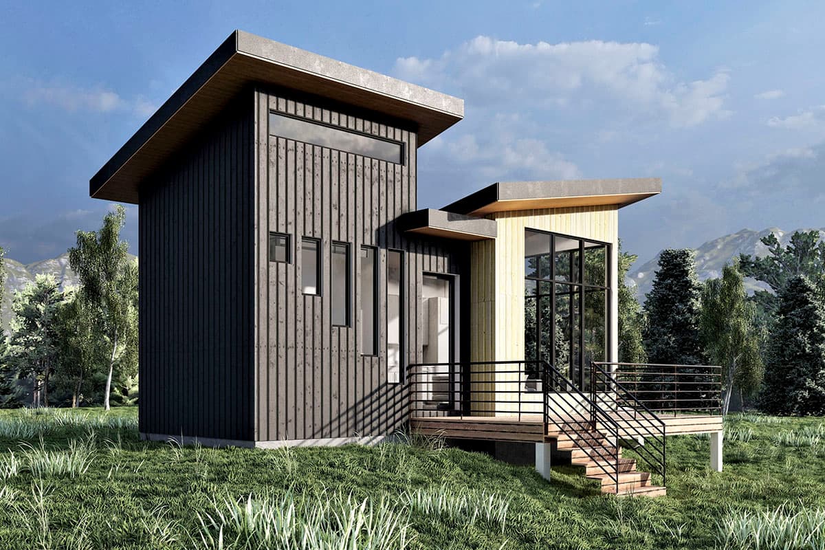 Modern house plan exterior with dark vertical siding, clerestory windows, and a light wood-clad section with large windows.