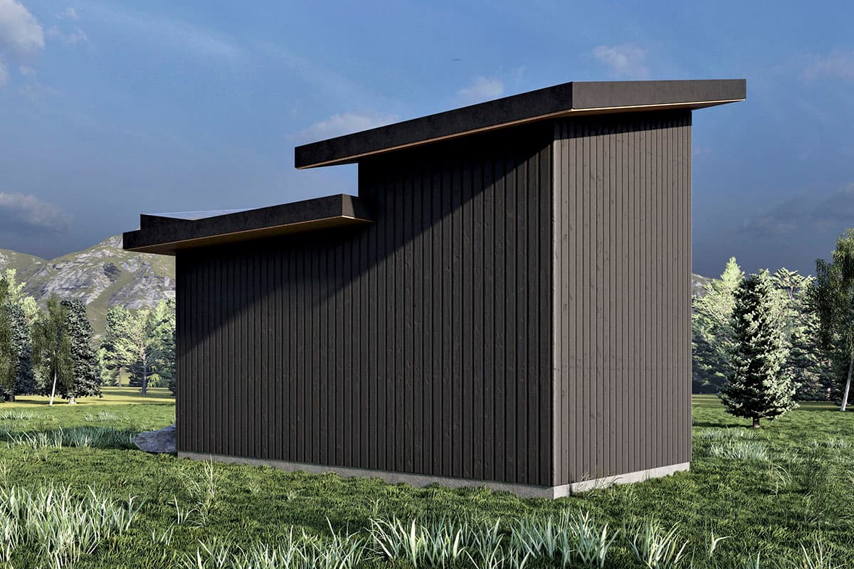 Modern house plan exterior with vertical siding, cantilevered roof overhangs, and a recessed window.