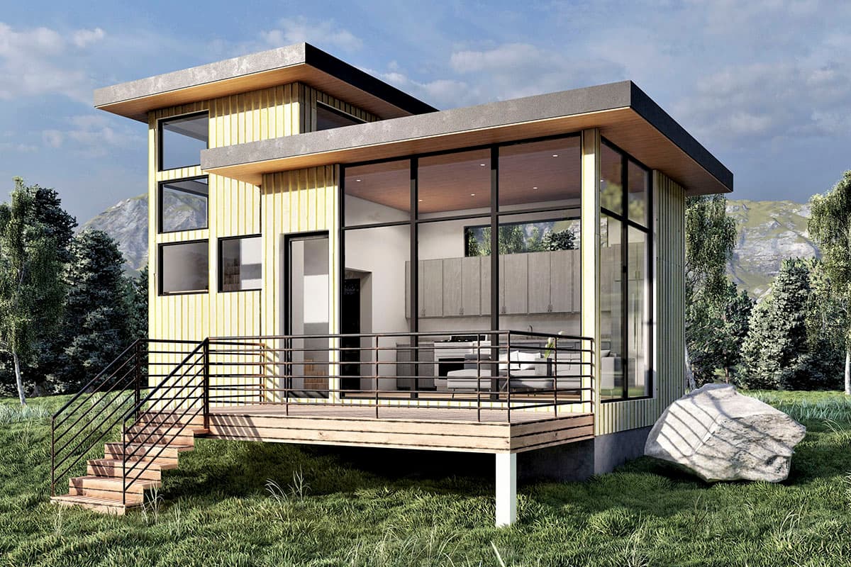 House plan exterior with modern design. Two-story structure with flat roof, extensive glazing, and an elevated deck with metal railing and stairs.