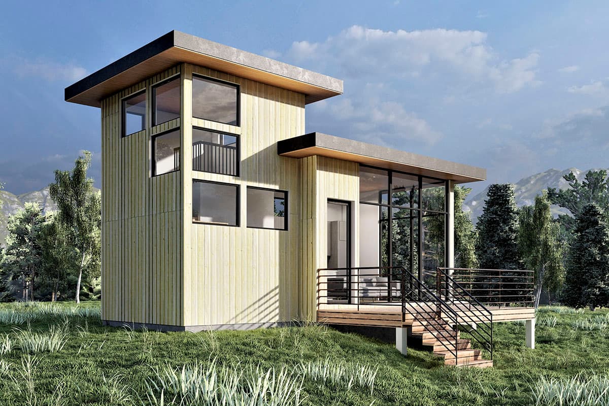 House plan exterior of a modern, two-story home with vertical wood siding, large windows, and a cantilevered roof.