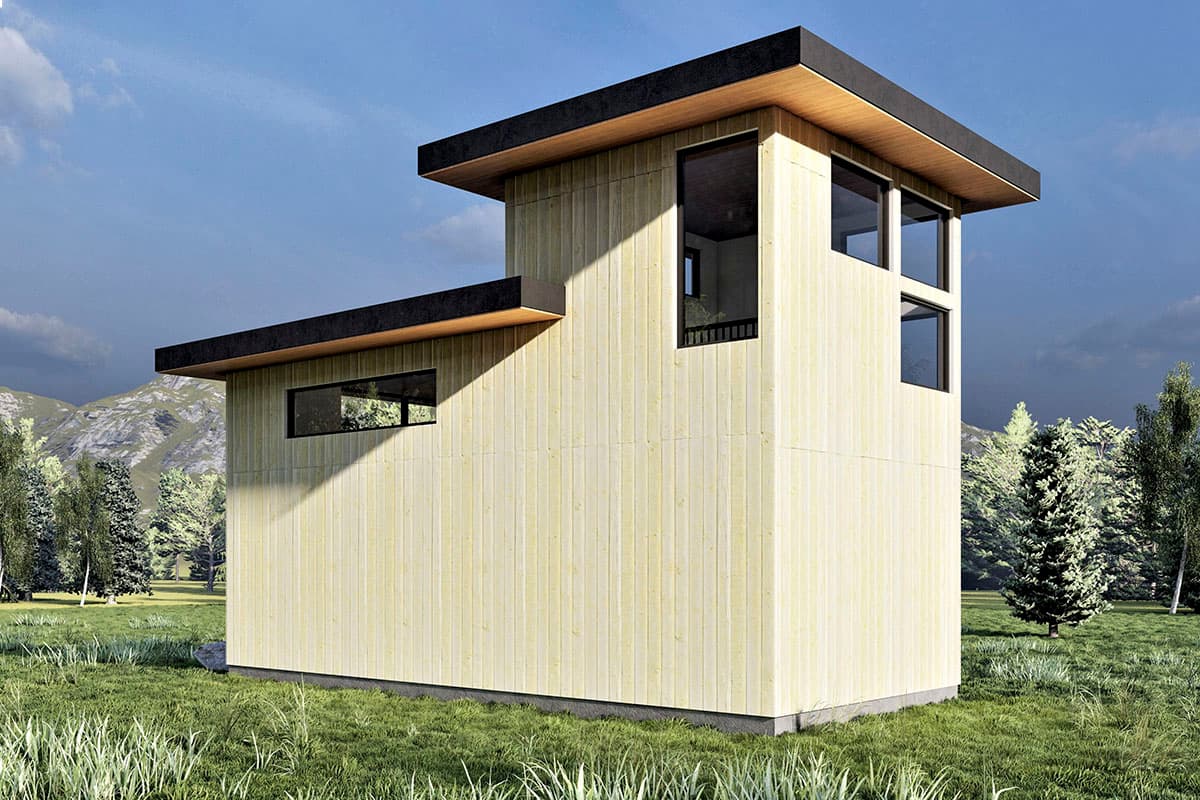 Modern house plan exterior with vertical wood siding, cantilevered roofs, and large windows.