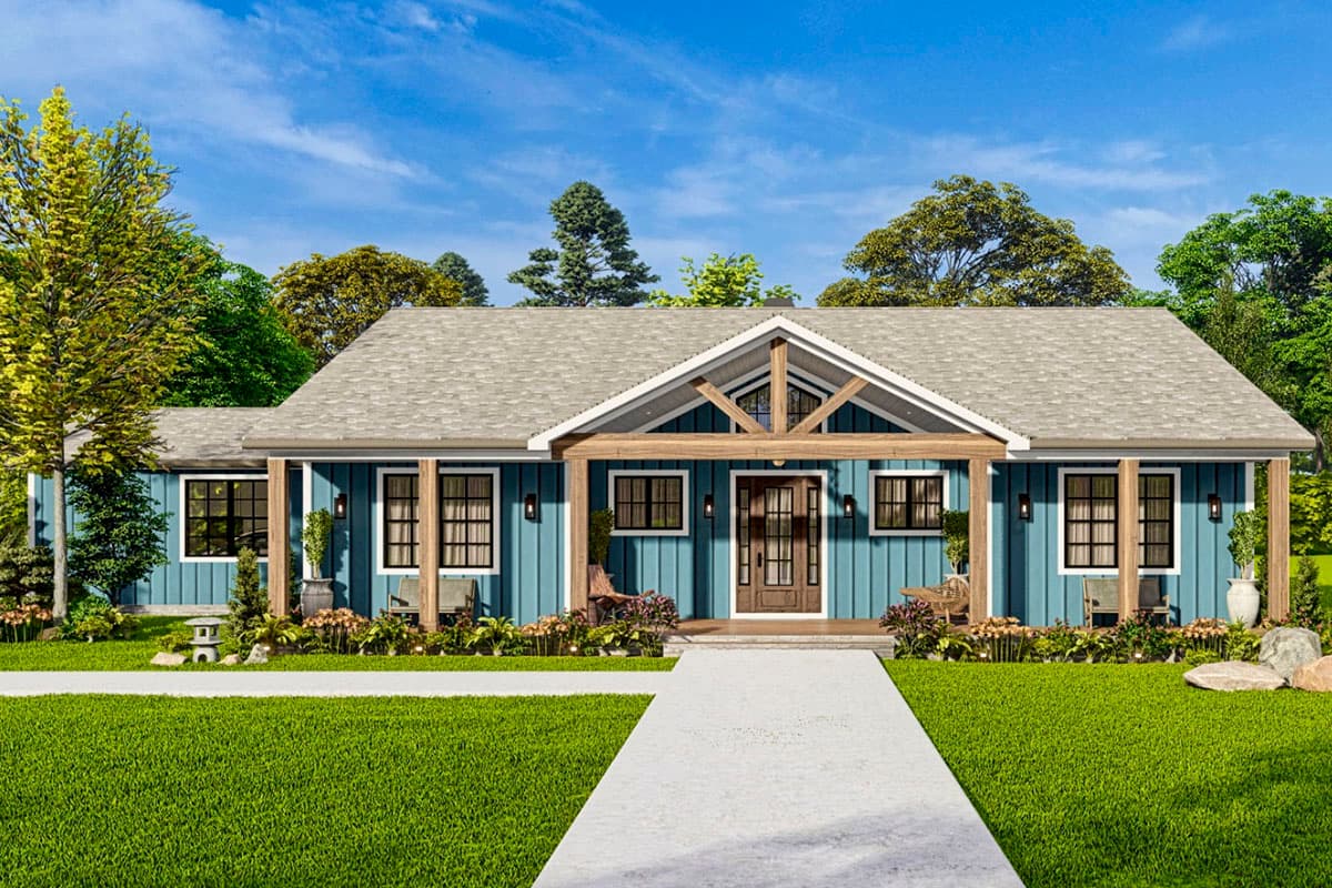 House plan exterior: Ranch style, one story, with a covered front porch, exposed beam gable, and vertical siding.