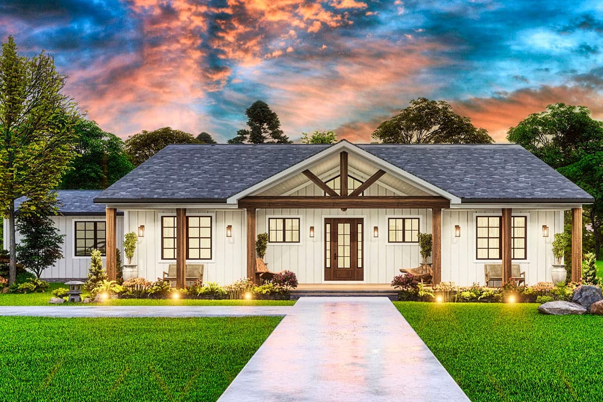 Modern Farmhouse house plan exterior with a covered porch, gabled roofline, and large windows.
