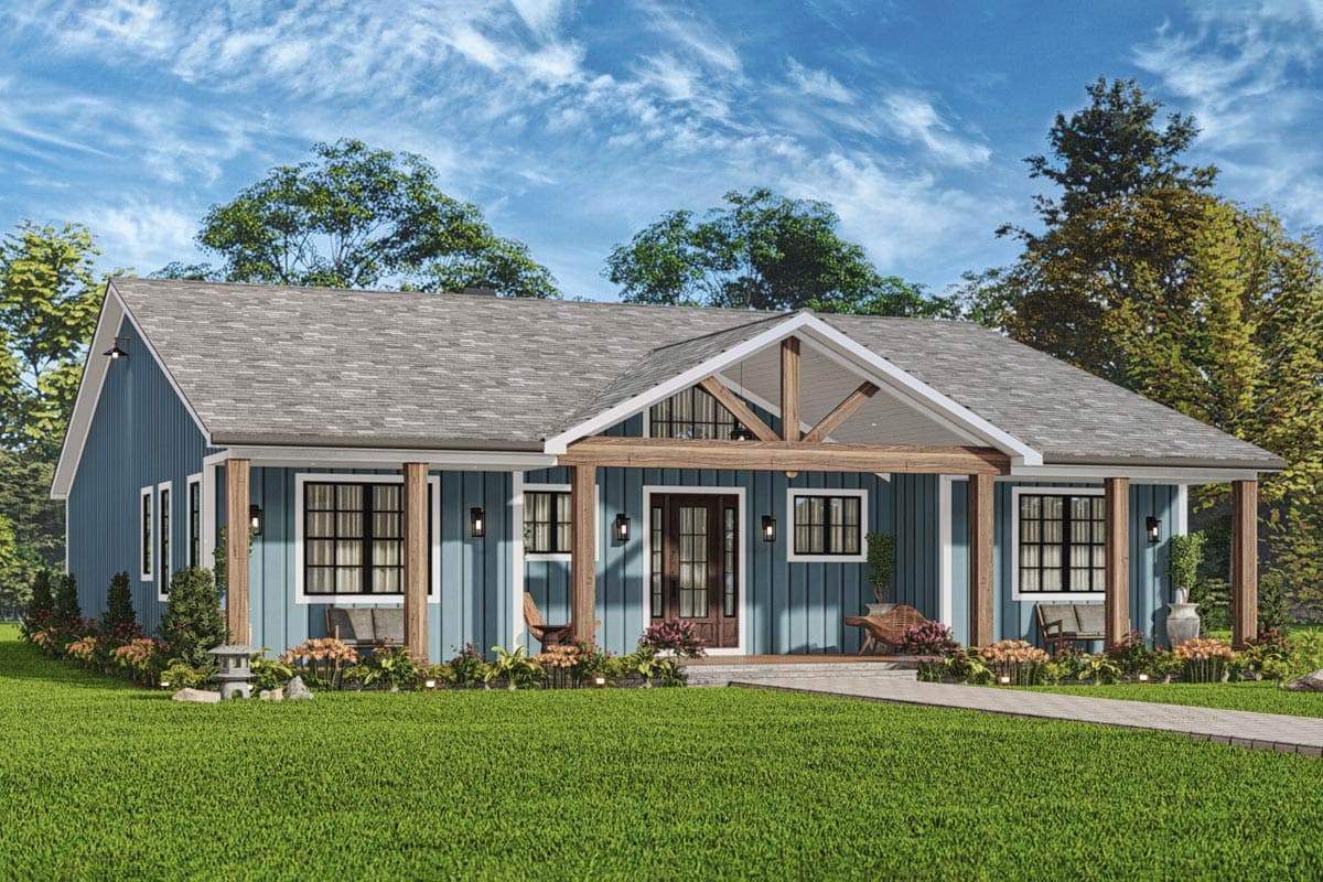 Ranch house plan exterior with a prominent gabled front porch supported by wooden posts and a board-and-batten siding.
