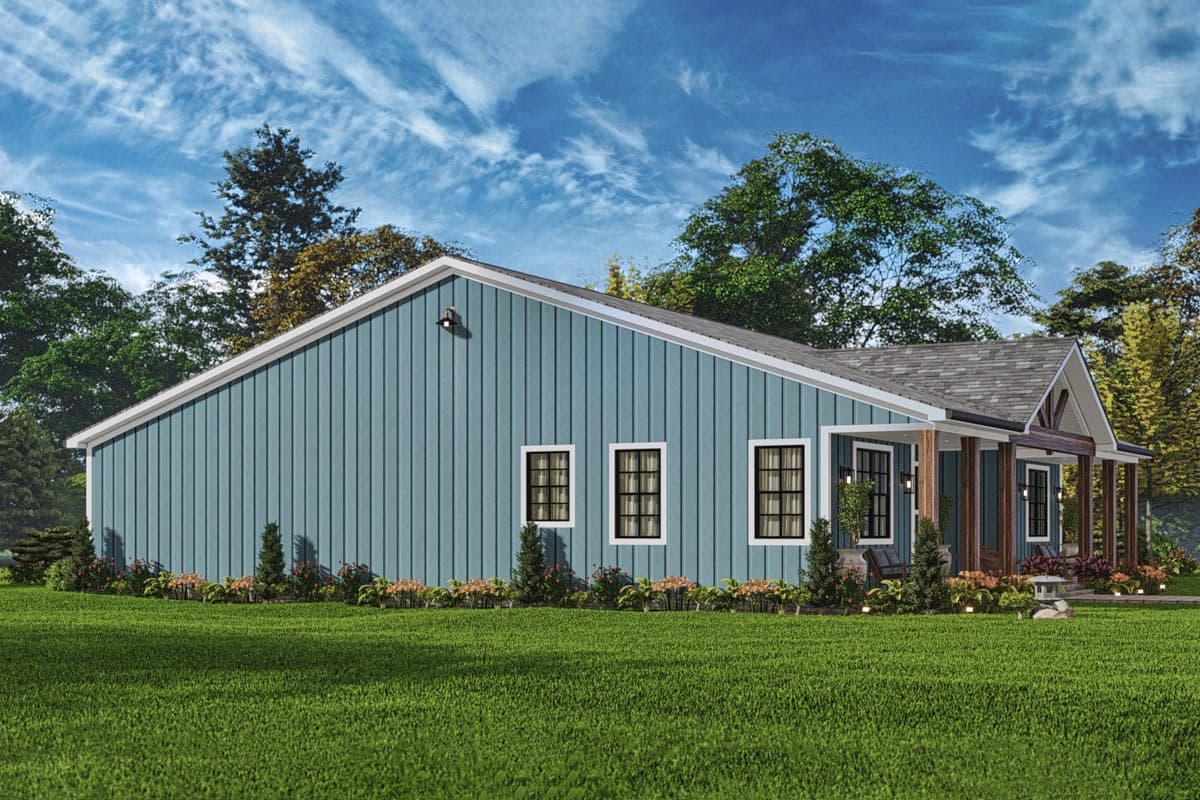 House plan exterior: Single-story, board and batten siding, covered front porch with timber posts, gabled entrance detail, multiple windows.