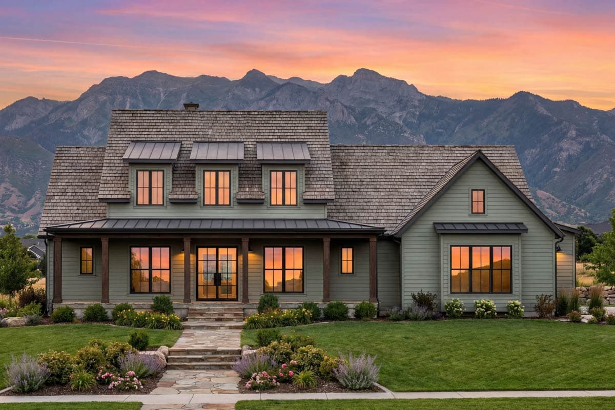 House plan exterior: Two-story Modern Farmhouse with a wide covered porch, wood shingle roof, and multiple dormers.