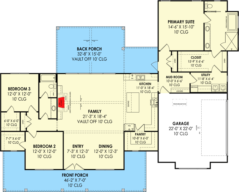 Plan 818041JSS: 3 Bed 2000 Square Foot Modern Farmhouse with Vaulted Family Room and Rear Porch - Floor Plan - Main Level - Craftsman, Farmhouse, Modern Farmhouse, New American, Southern