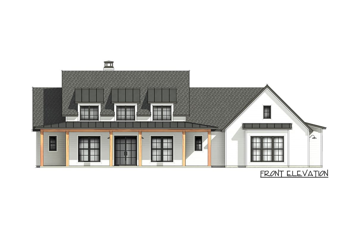 Front elevation of a Modern Farmhouse plan with a covered porch, dormers, and a mix of gable and hip rooflines.