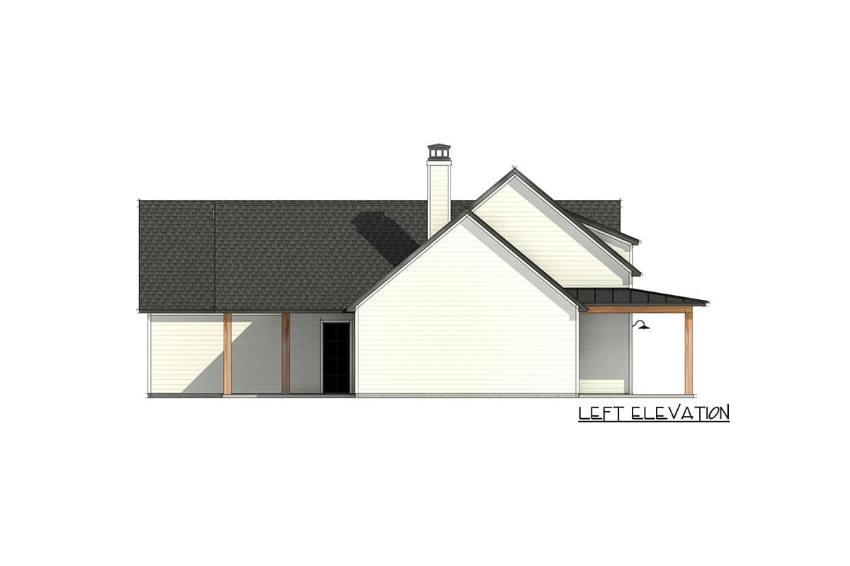 Left elevation house plan with gabled roof, chimney, and covered porch with wooden posts.