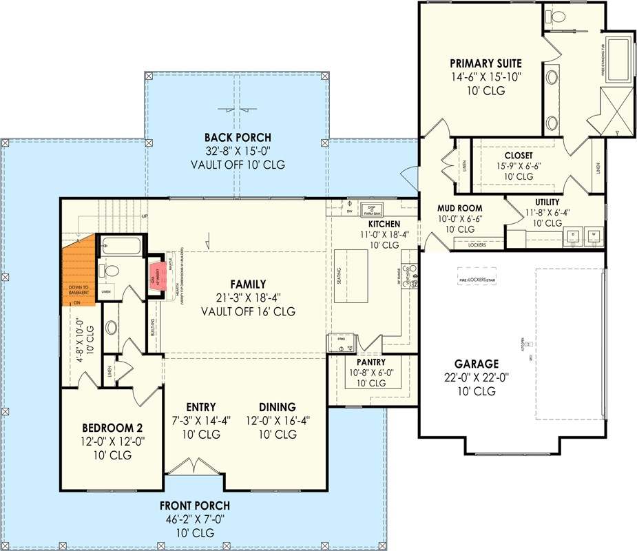 Plan 818042JSS: 4-Bed Modern Farmhouse Plan with Wraparound Porch - 2755 Sq Ft - Floor Plan - Main Level with Basement Stairs Location - Farmhouse, Modern Farmhouse, New American, Southern, Traditional