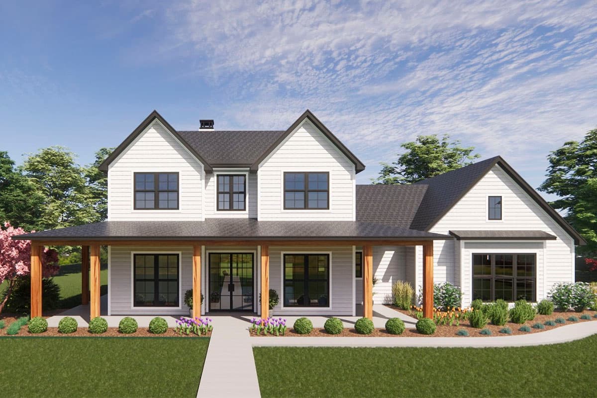 Modern farmhouse house plan exterior with a two-story main section, wraparound porch, gabled dormers, and a side-facing garage.