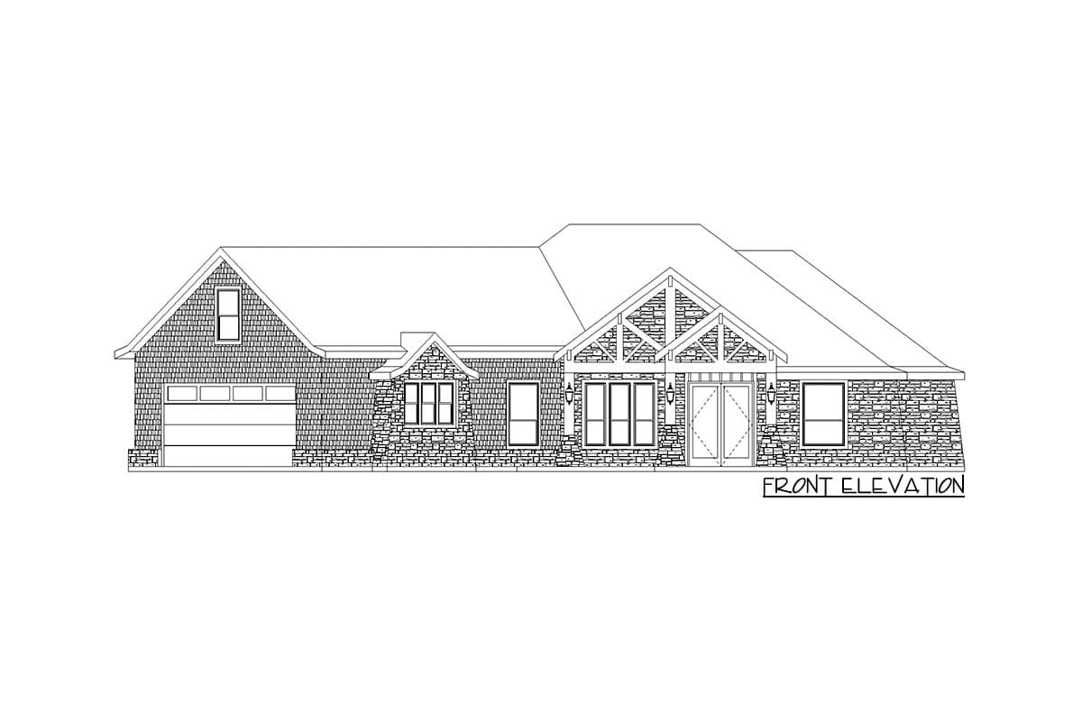 Front elevation house plan with stone and shingle siding, prominent gables, and a double-door entrance.