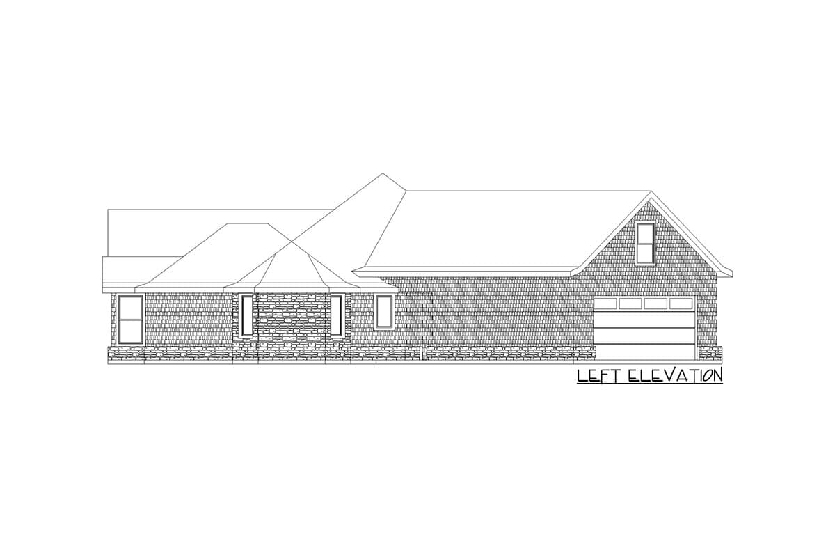 Left elevation house plan with stone and shingle siding, varied rooflines, multiple windows, and a two-car garage.
