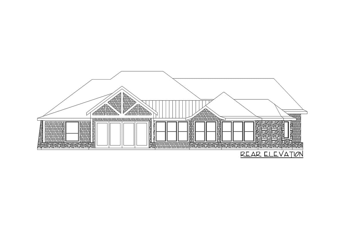 Rear elevation of a single-story house plan featuring multiple gables, varied window groupings, and stone and shingle exterior details.