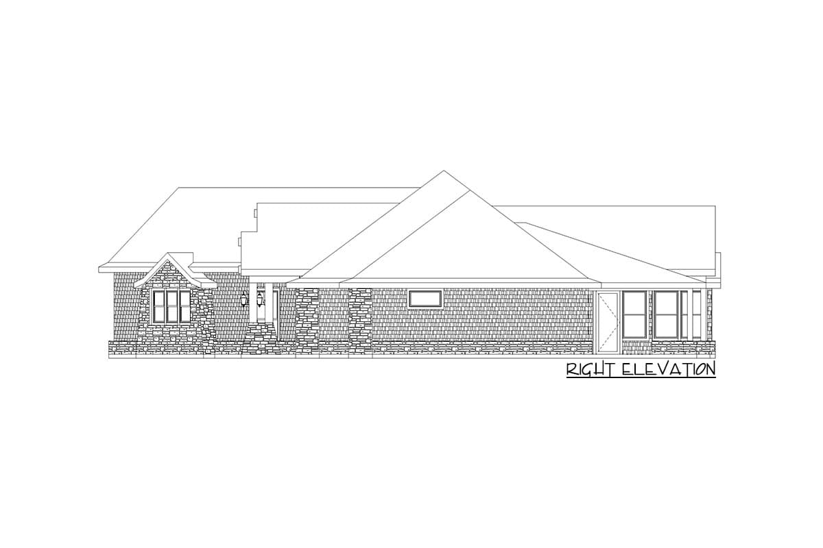 Right elevation drawing of a single-story house plan with a prominent gable, stone veneer, and multi-pane windows.