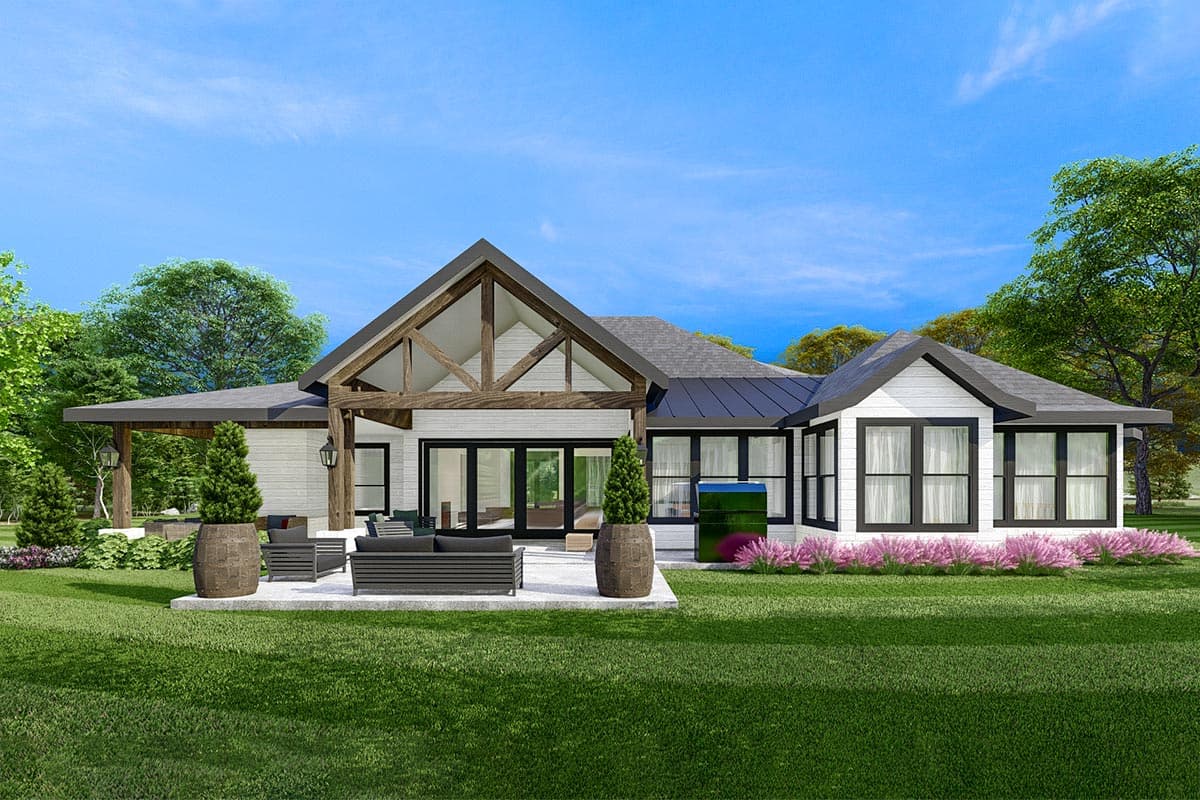 House plan exterior: Modern Farmhouse style, one story, with a covered porch, gabled roof, and large windows.